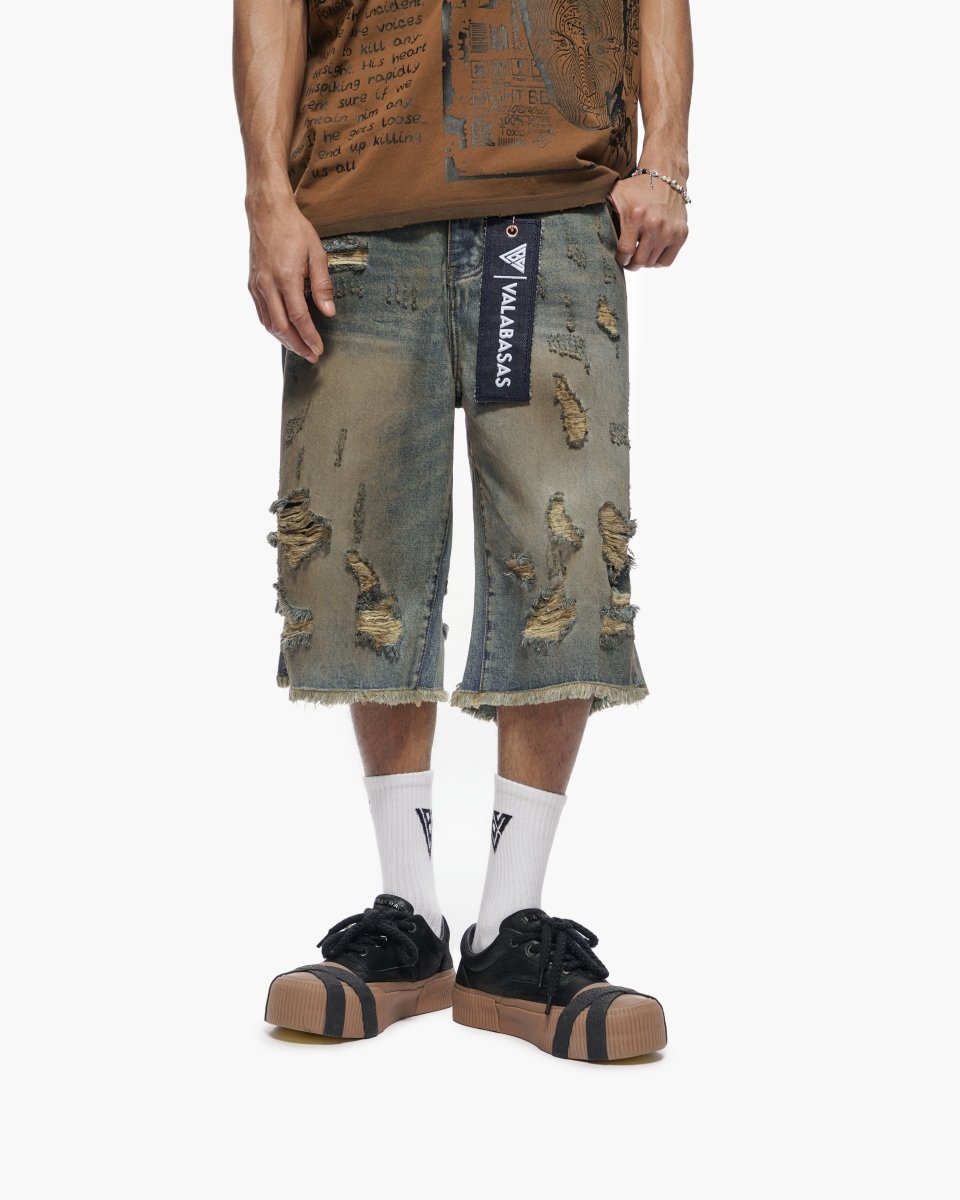 パンツ troubled waters WAXED & DAMAGED JORTS Snapped Dirty Vintage Blue Jorts – Valabasas