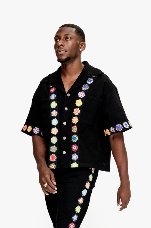 Struggle Cropped Denim Button Down Jet Black - Valabasas