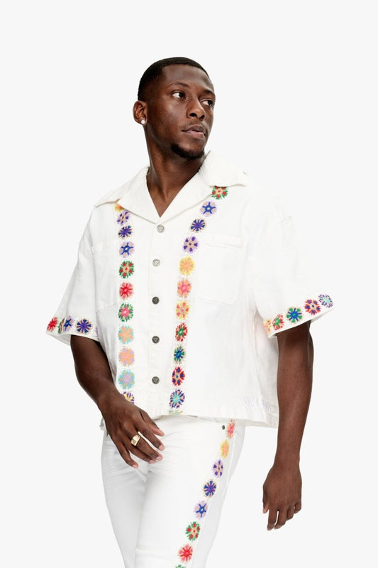 Struggle Cropped Denim Button Down White - Valabasas