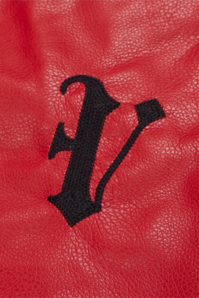 "SUPERIOR WORLD" RED LEATHER STACKED FLARE JEAN