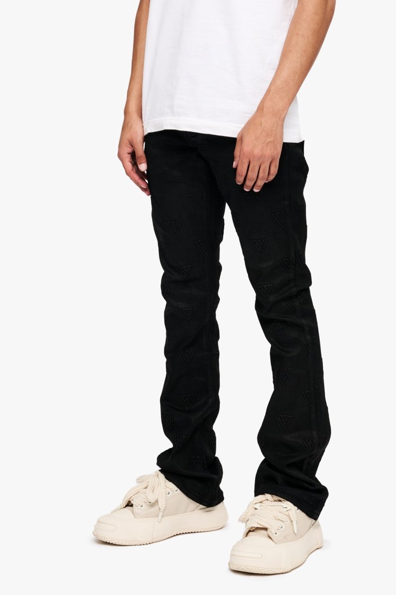 Tagged Stacked Flare Jean Black Waxed