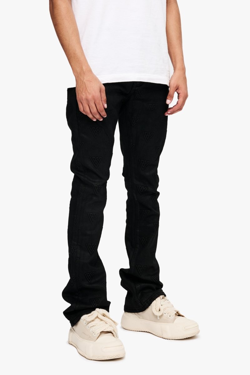 Tagged Stacked Flare Jean Black Waxed