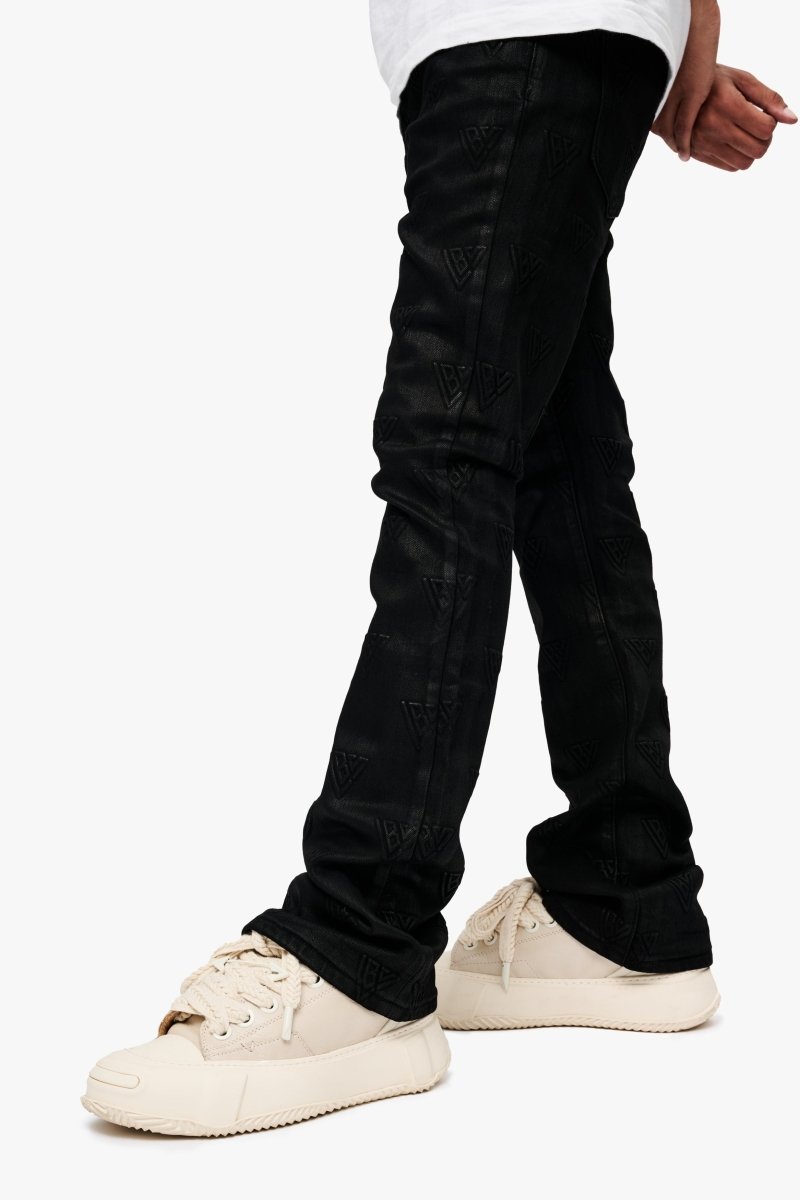 Tagged Stacked Flare Jean Black Waxed
