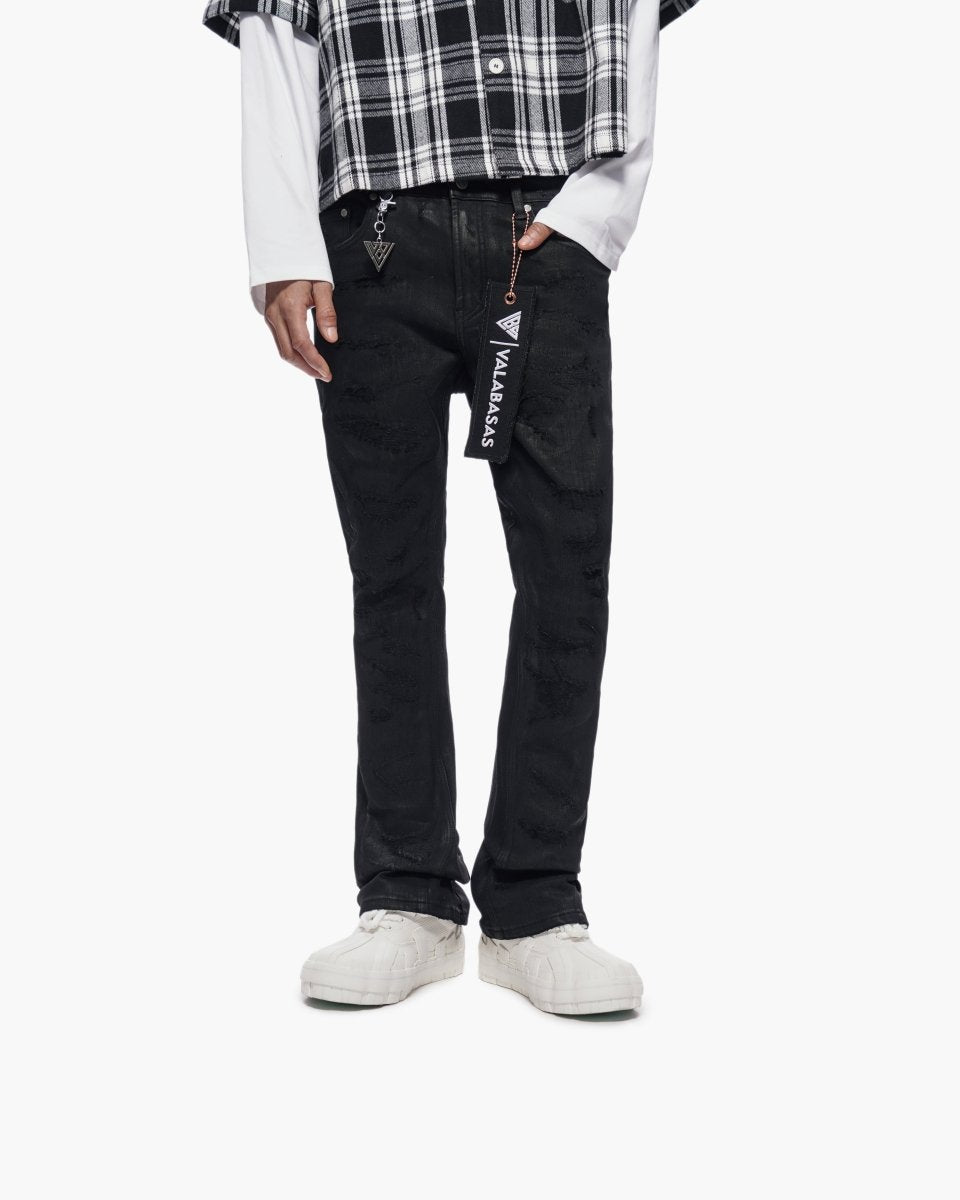 Trance Stacked Black Waxed Jeans - Valabasas