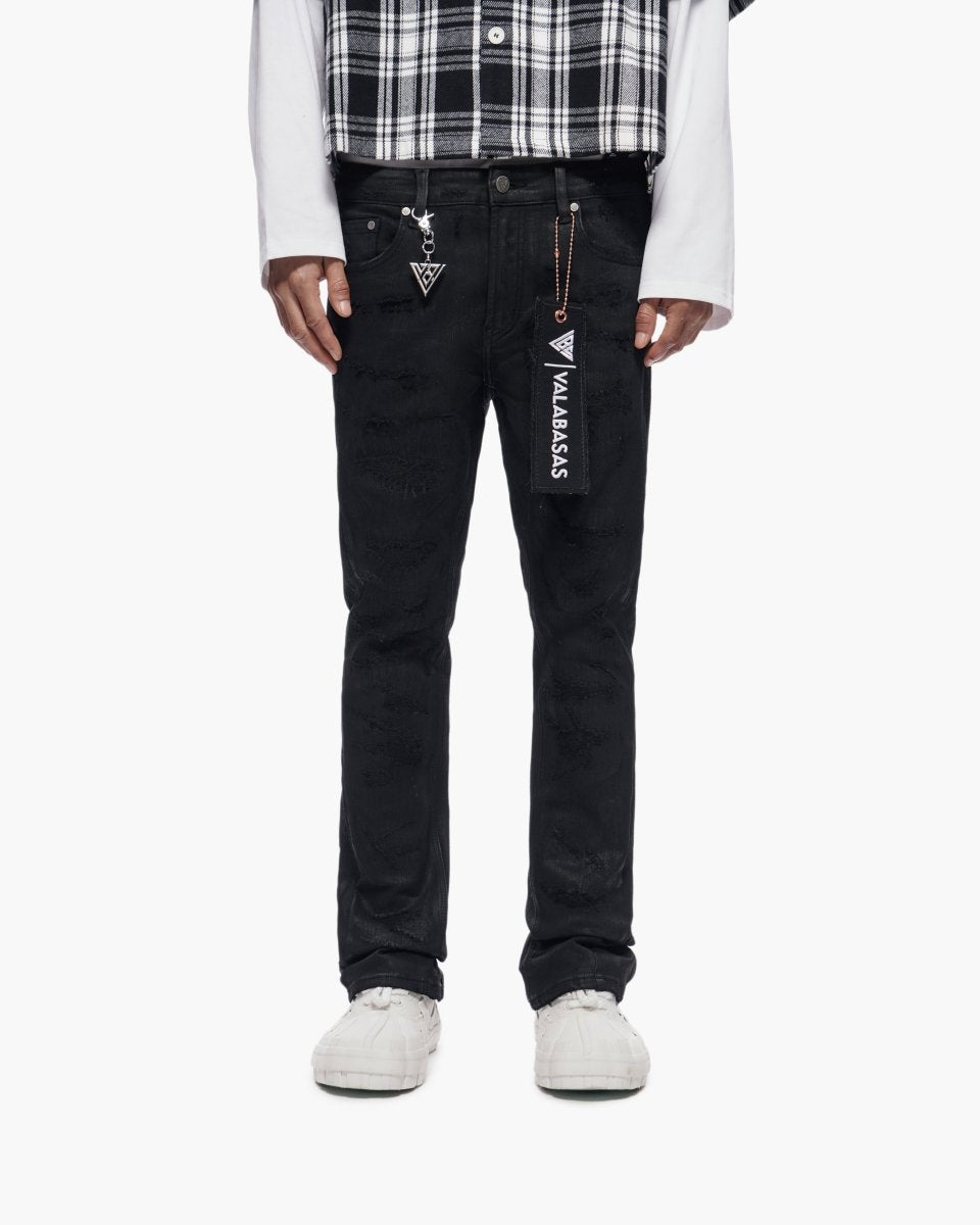 Trance Stacked Black Waxed Jeans - Valabasas