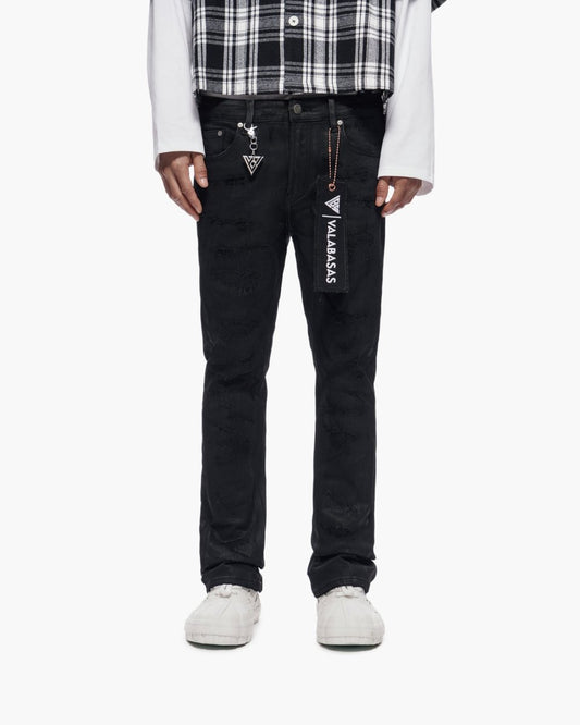 Trance Stacked Black Waxed Jeans - Valabasas