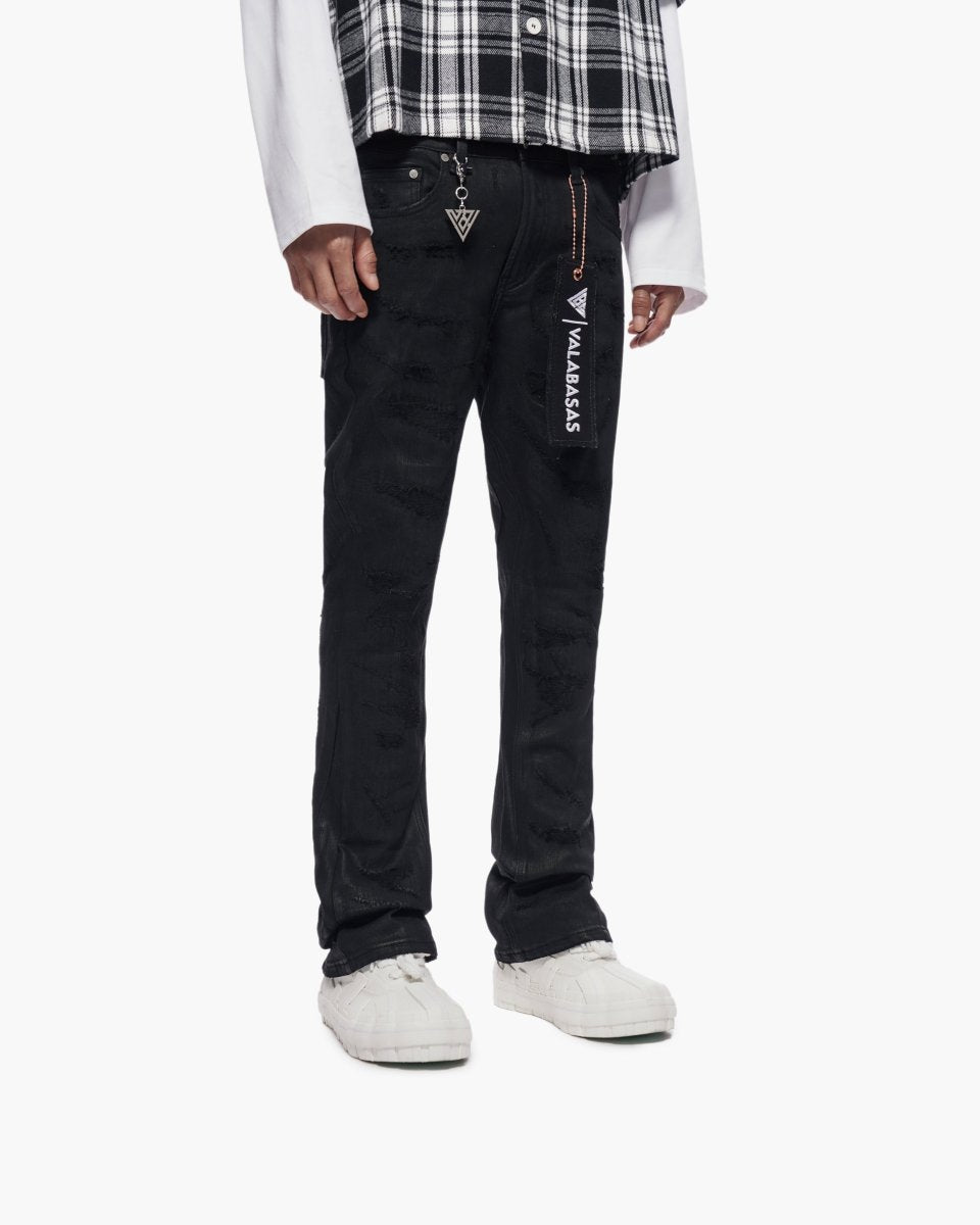 Trance Stacked Black Waxed Jeans - Valabasas