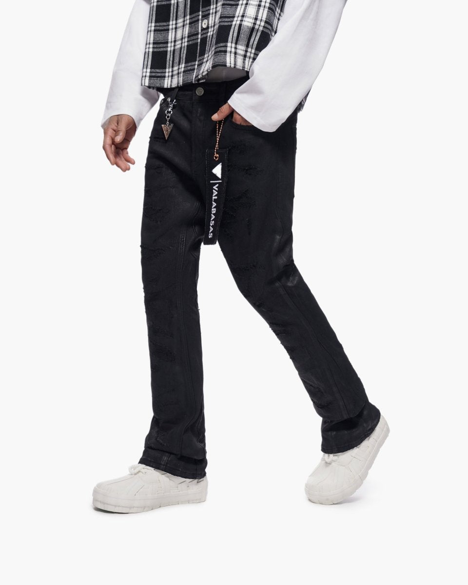Trance Stacked Black Waxed Jeans - Valabasas
