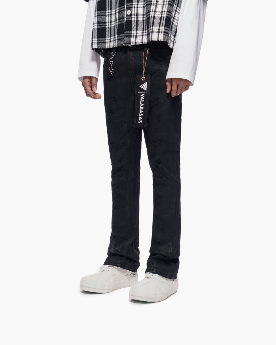 Trance Stacked Black Waxed Jeans - Valabasas