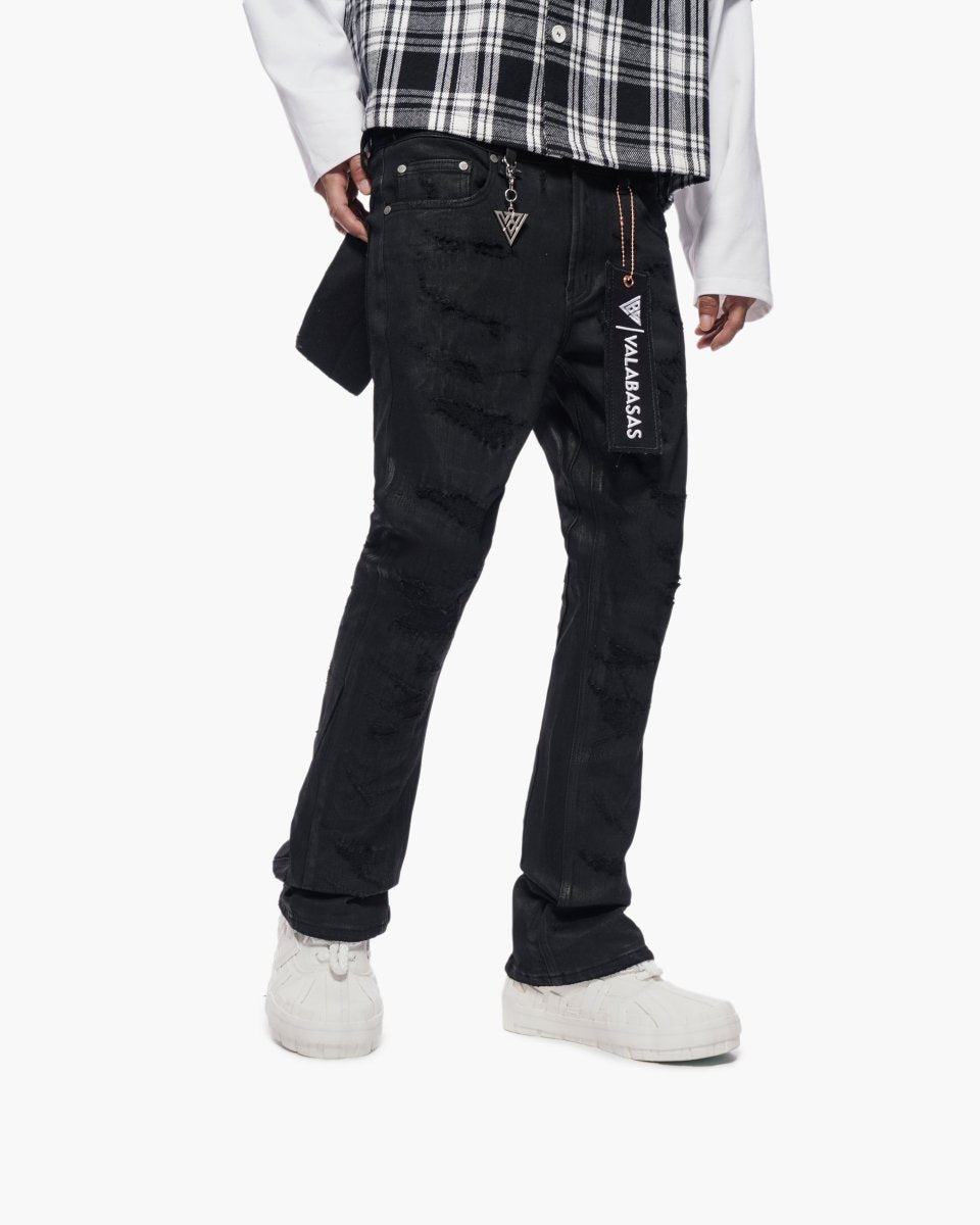 Trance Stacked Black Waxed Jeans - Valabasas