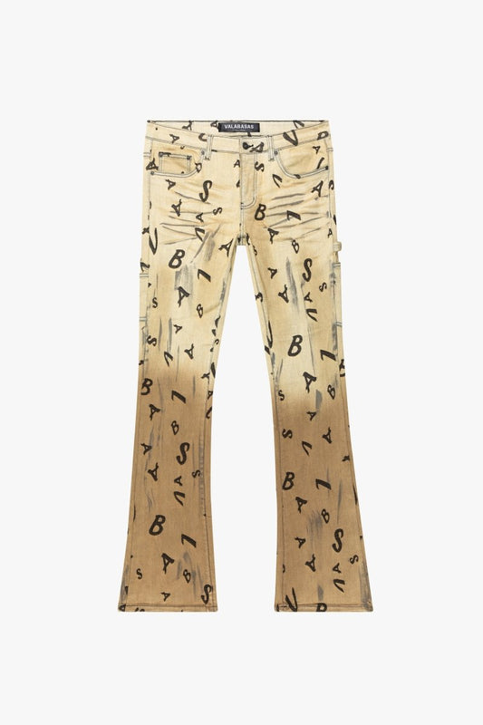 “V - SCRABBLE” STACKED FLARE JEAN CHAMOIS - Valabasas