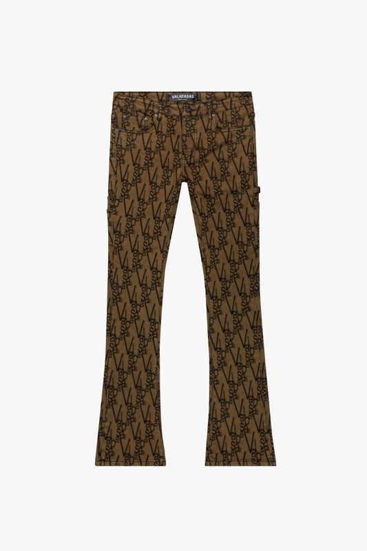 "V - SCRAWL" STACKED FLARE JEAN BLACK BROWN - Valabasas