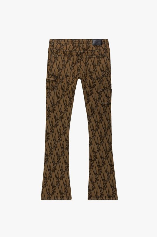 "V - SCRAWL" STACKED FLARE JEAN BLACK BROWN - Valabasas