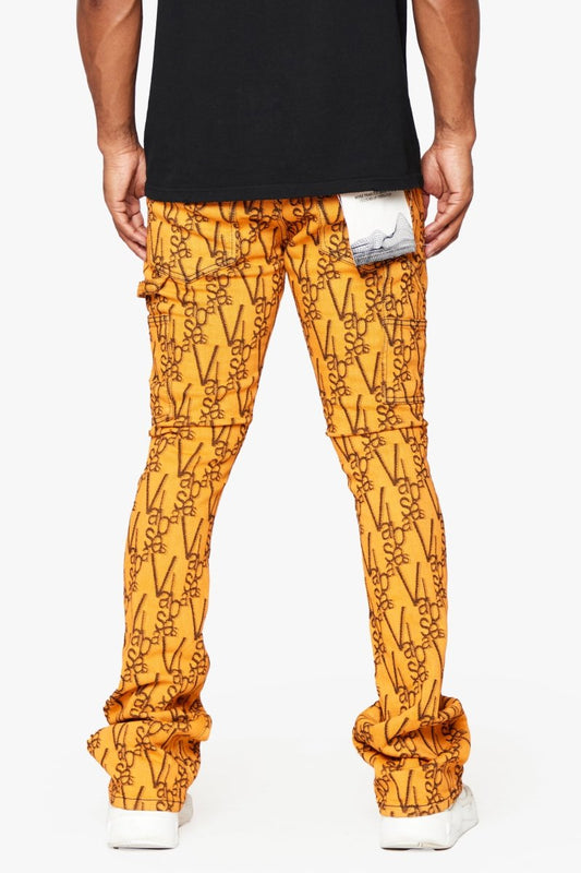 "V - SCRAWL" STACKED FLARE JEAN BLACK ORANGE - Valabasas