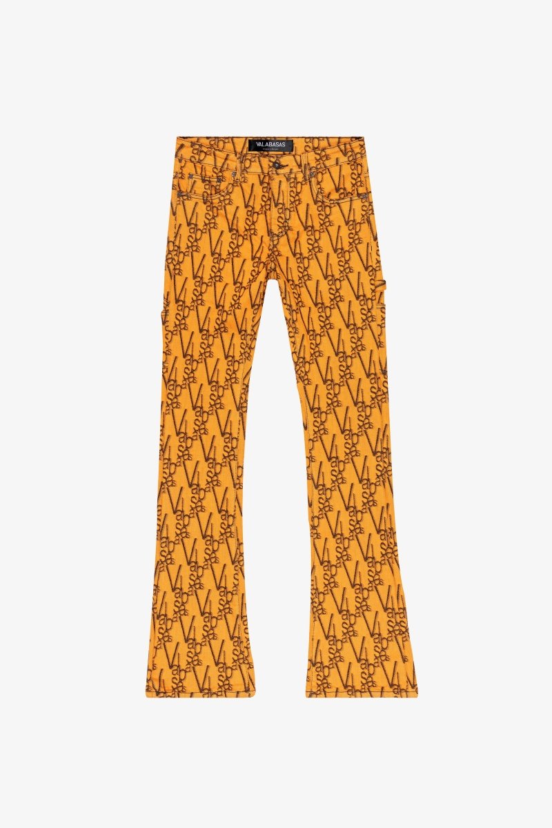 "V - SCRAWL" STACKED FLARE JEAN BLACK ORANGE - Valabasas