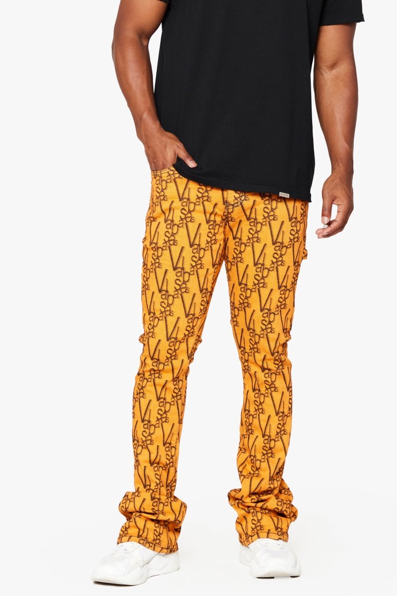"V - SCRAWL" STACKED FLARE JEAN BLACK ORANGE - Valabasas