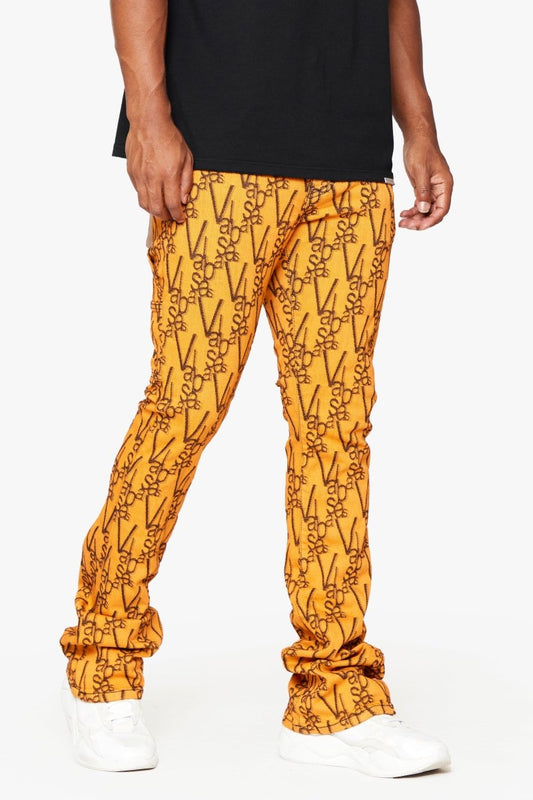 "V - SCRAWL" STACKED FLARE JEAN BLACK ORANGE - Valabasas