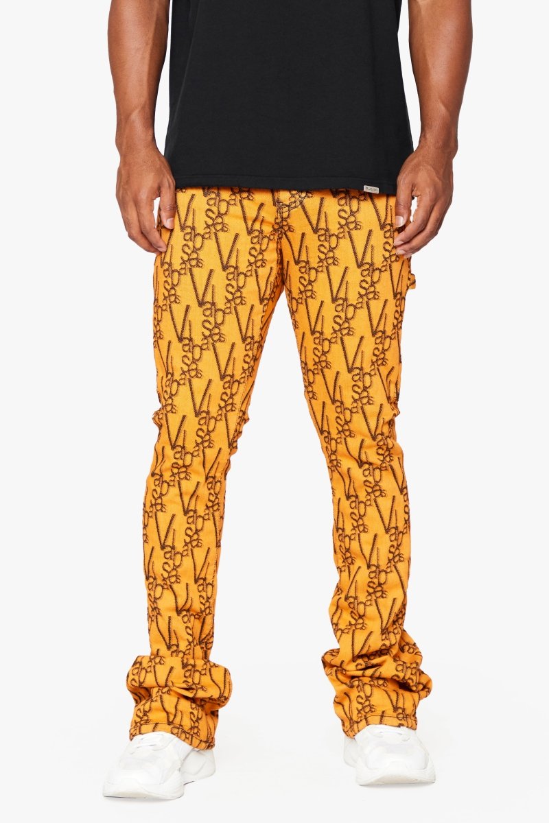 "V - SCRAWL" STACKED FLARE JEAN BLACK ORANGE - Valabasas