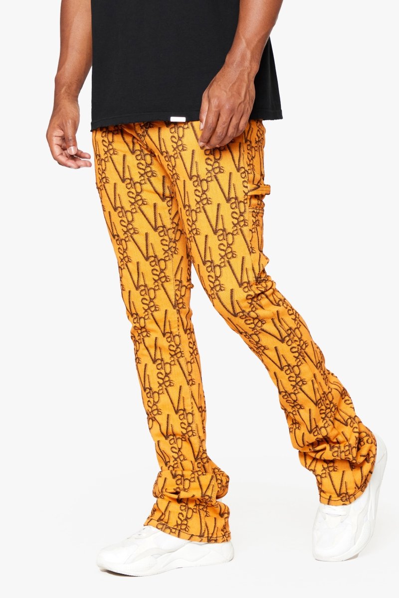 "V - SCRAWL" STACKED FLARE JEAN BLACK ORANGE - Valabasas