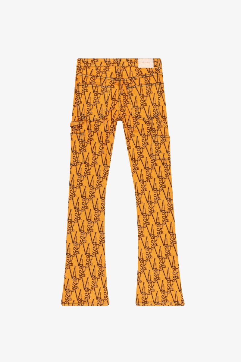 "V - SCRAWL" STACKED FLARE JEAN BLACK ORANGE - Valabasas