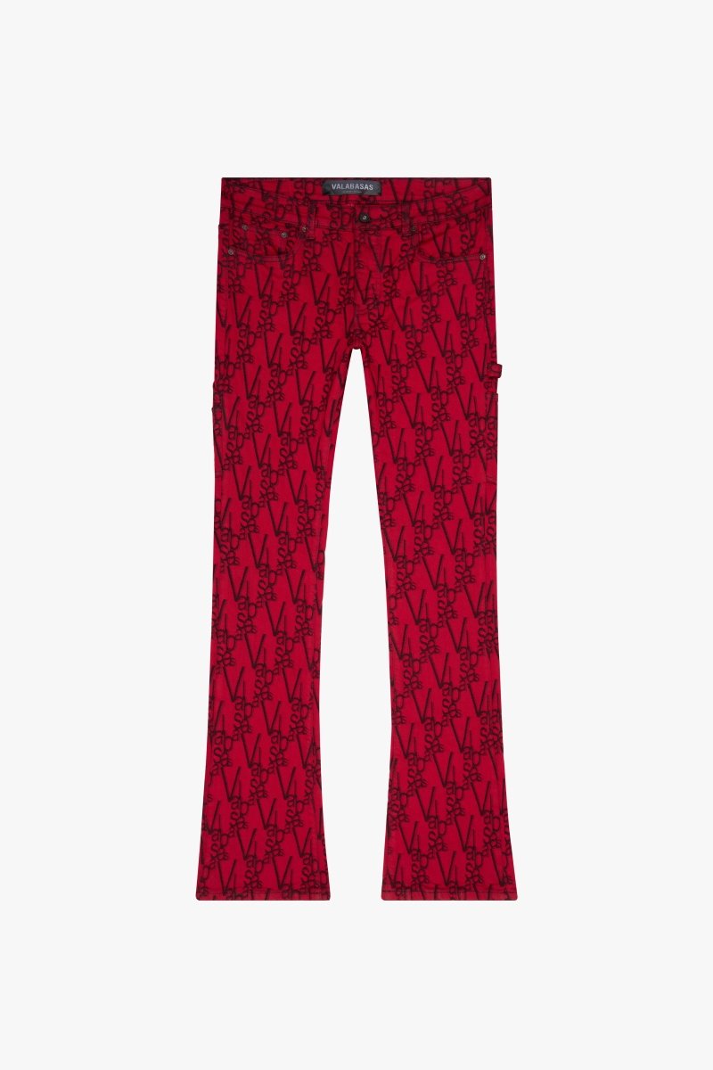 "V - SCRAWL" STACKED FLARE JEAN BLACK RED - Valabasas