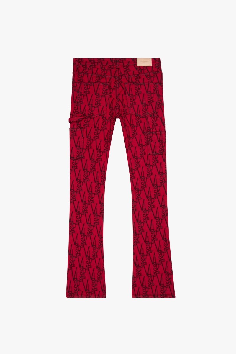 "V - SCRAWL" STACKED FLARE JEAN BLACK RED - Valabasas
