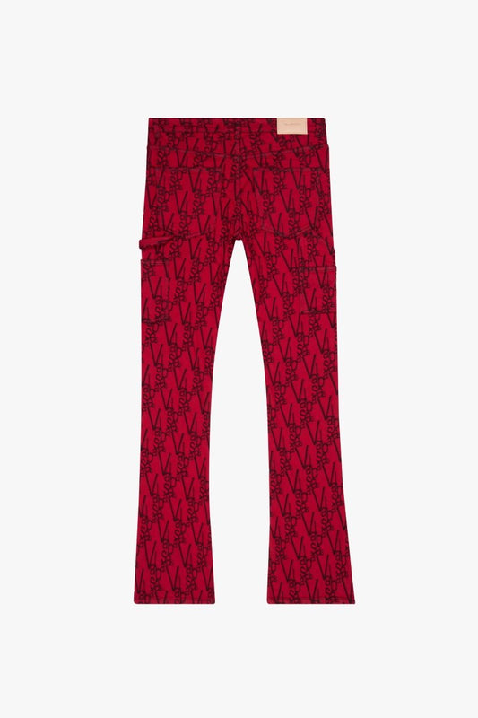 "V - SCRAWL" STACKED FLARE JEAN BLACK RED - Valabasas