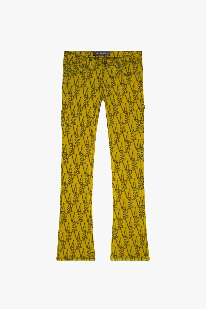 "V - SCRAWL" STACKED FLARE JEAN BLACK YELLOW - Valabasas