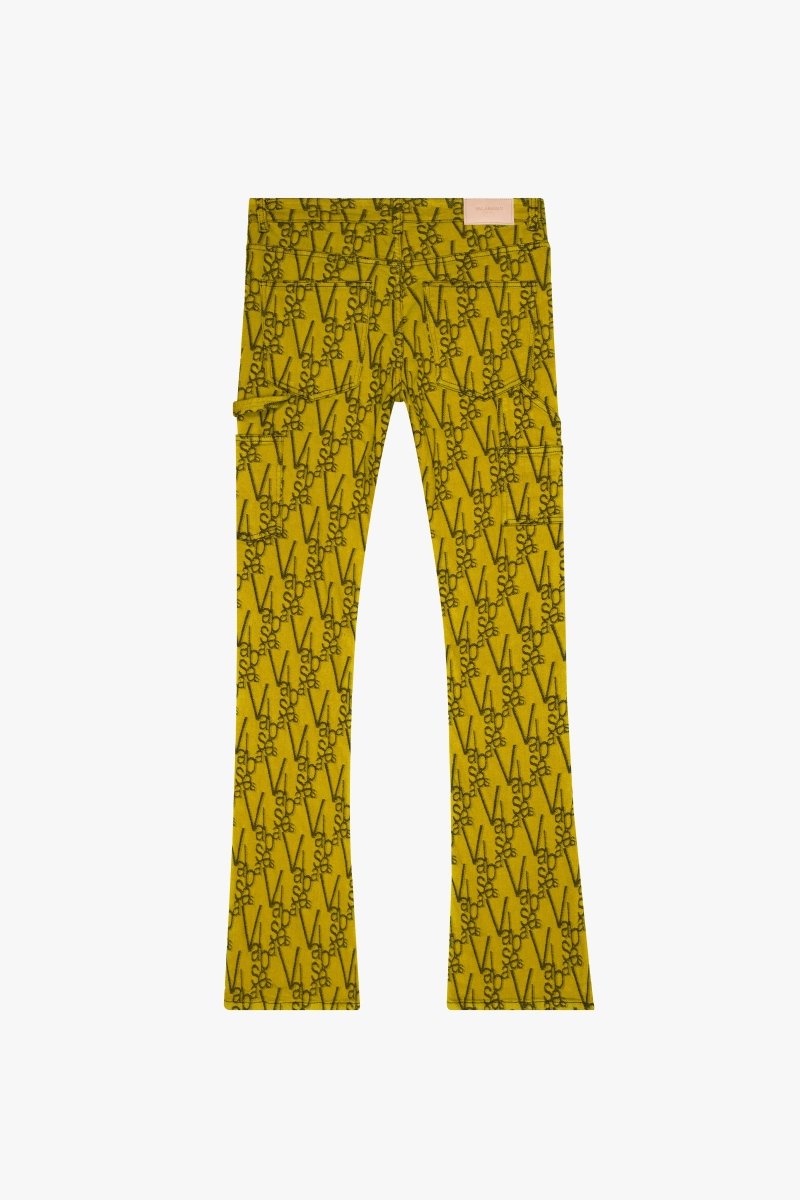 "V - SCRAWL" STACKED FLARE JEAN BLACK YELLOW - Valabasas