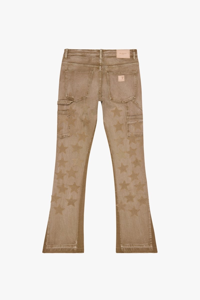 "V - STARS” STACKED FLARE JEAN DARK GREY WASH/ DIRTY BROWN - Valabasas