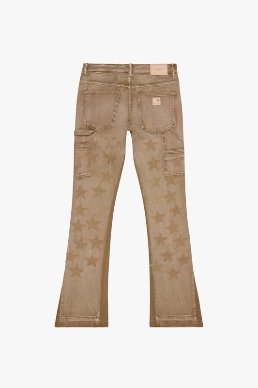 "V - STARS” STACKED FLARE JEAN DARK GREY WASH/ DIRTY BROWN - Valabasas