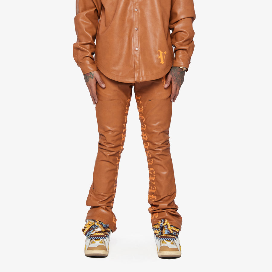 "SUPERIOR WORLD" WHEAT LEATHER STACKED FLARE JEAN