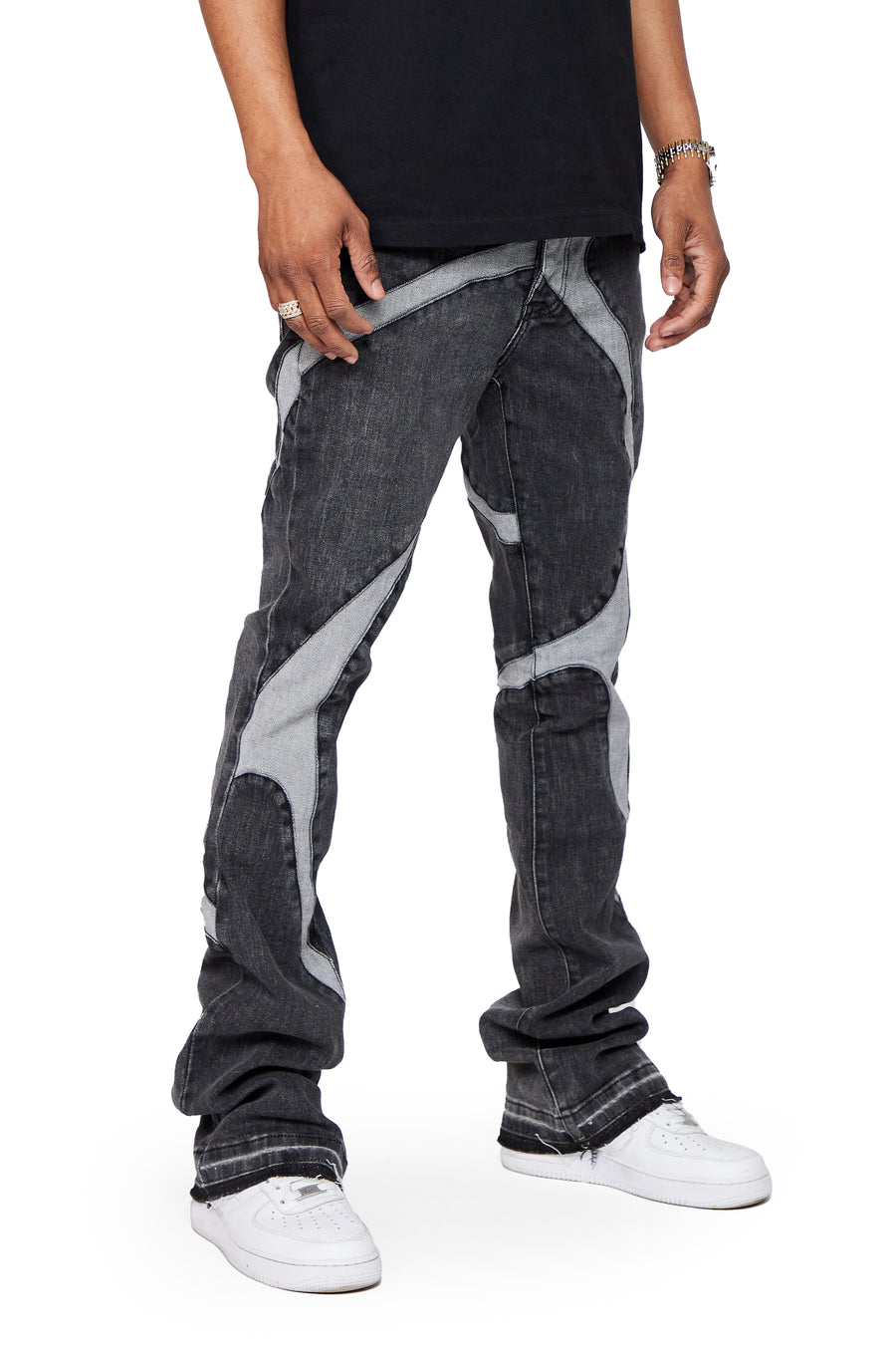 “WILDER” GREY WASHED STACKED FLARE JEAN