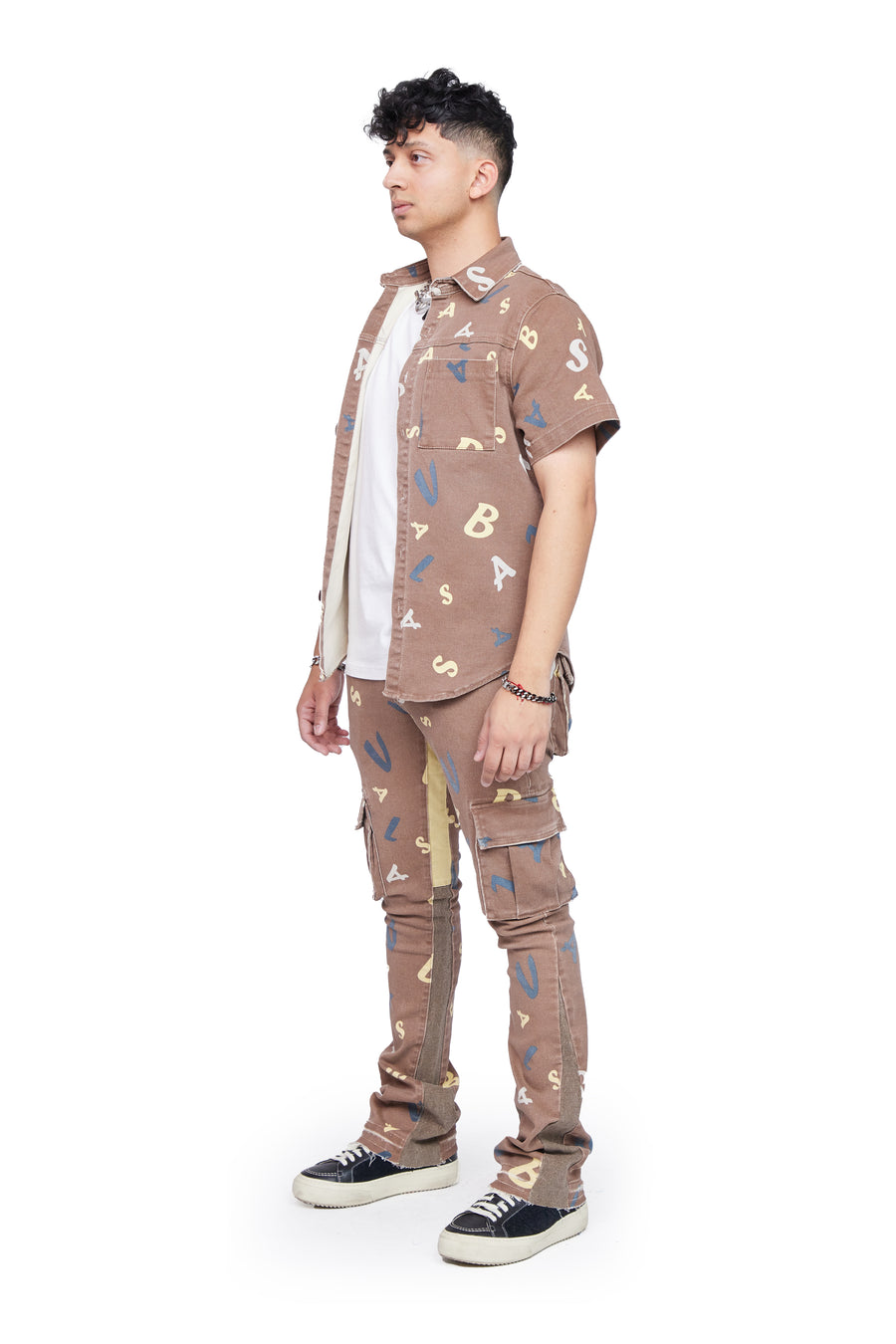 “PUZZLED” BROWN V CAMO STACKED FLARE JEAN
