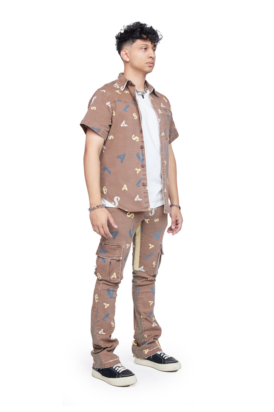 “PUZZLED” BROWN V CAMO STACKED FLARE JEAN