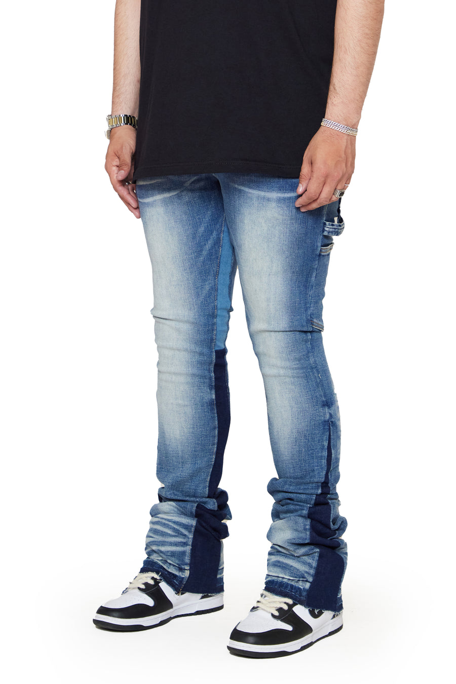 “VERTICLE” BLUE WASH STACKED FLARE JEAN