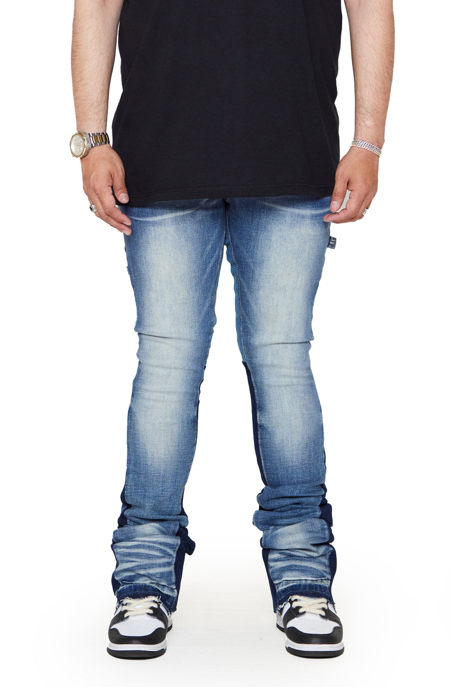 “VERTICLE” BLUE WASH STACKED FLARE JEAN