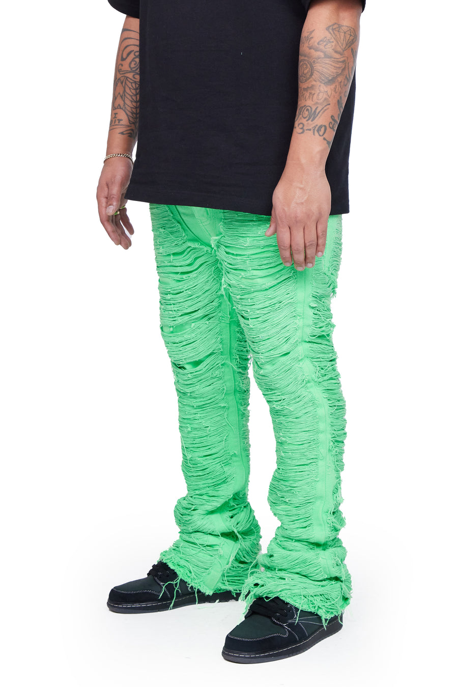 "RAVAGED" GREEN STACKED FLARE JEAN