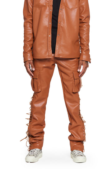 "TRINITY" BROWN LEATHER STACKED FLARE JEAN