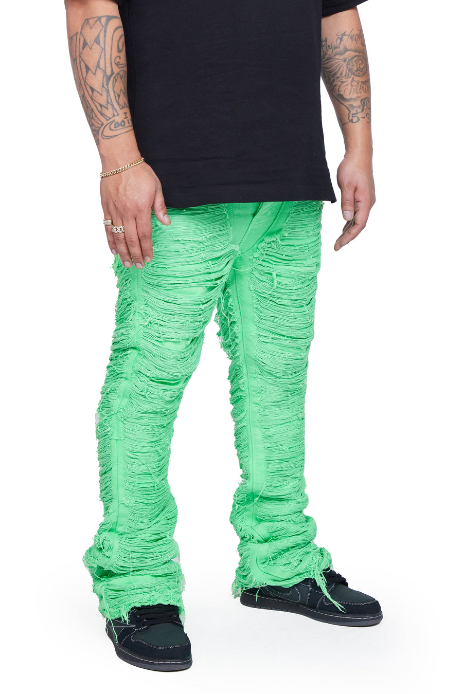 "RAVAGED" GREEN STACKED FLARE JEAN