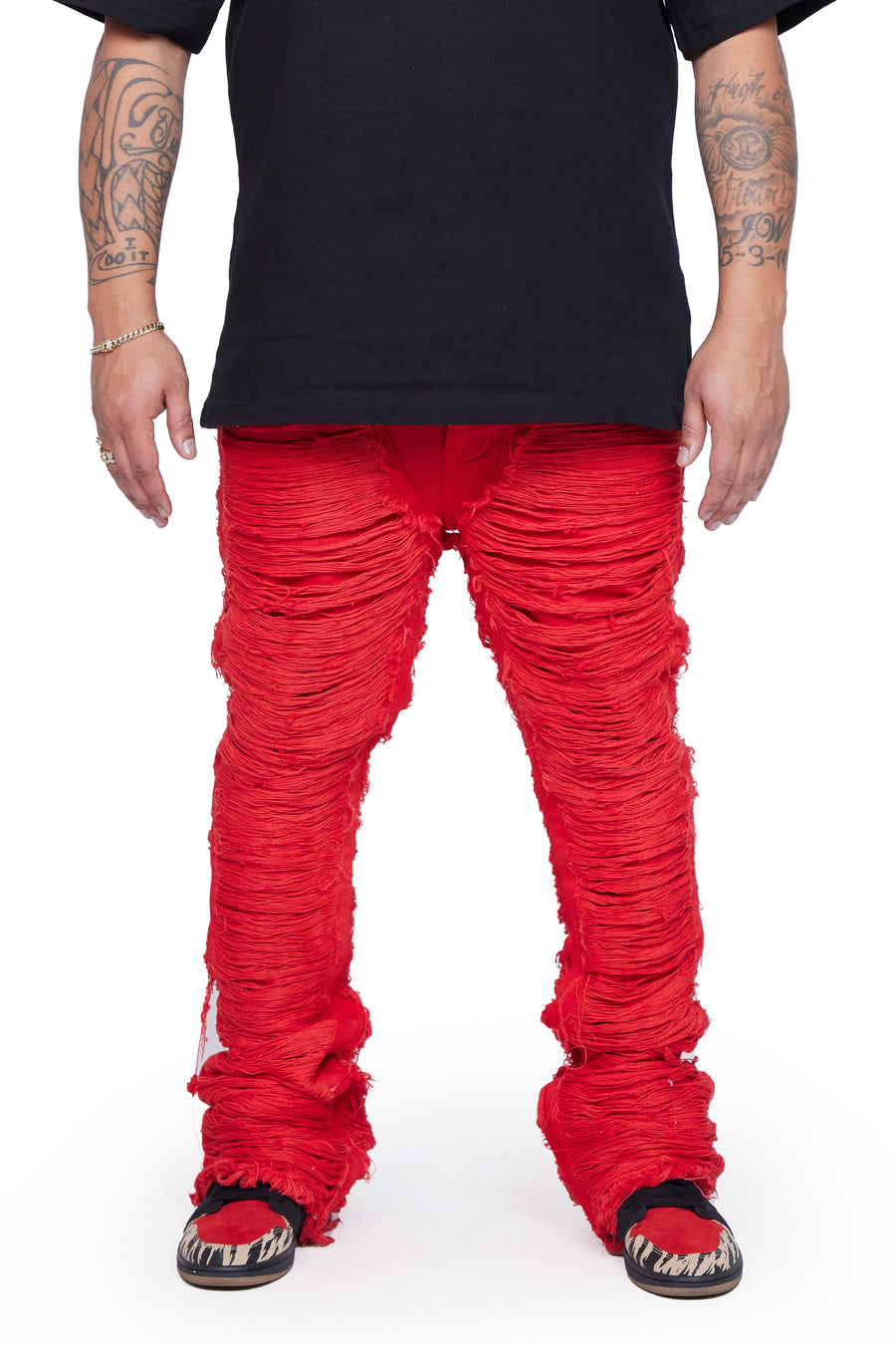 "RAVAGED" RED STACKED FLARE JEAN
