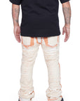 "RAVAGED" OFF-WHITE STACKED FLARE JEAN