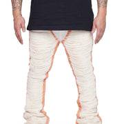 "RAVAGED" OFF-WHITE STACKED FLARE JEAN