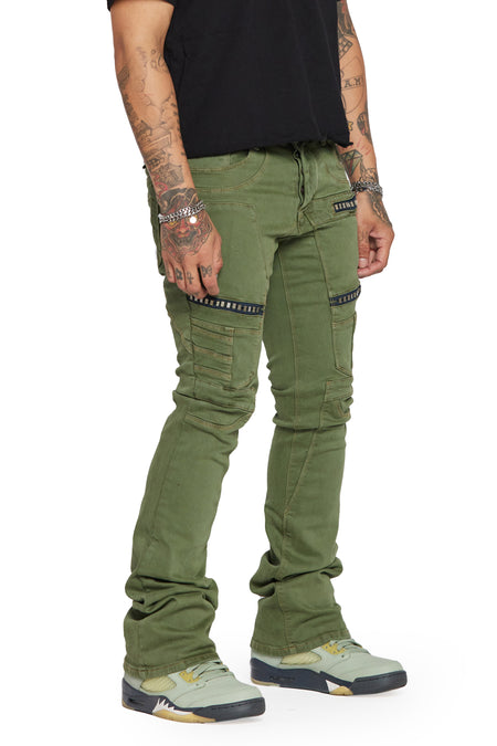 “FOX” OLIVE STACKED FLARE JEAN