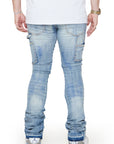 “RIDGES” BLUE WASHED SUPER STACKED FLARE JEAN