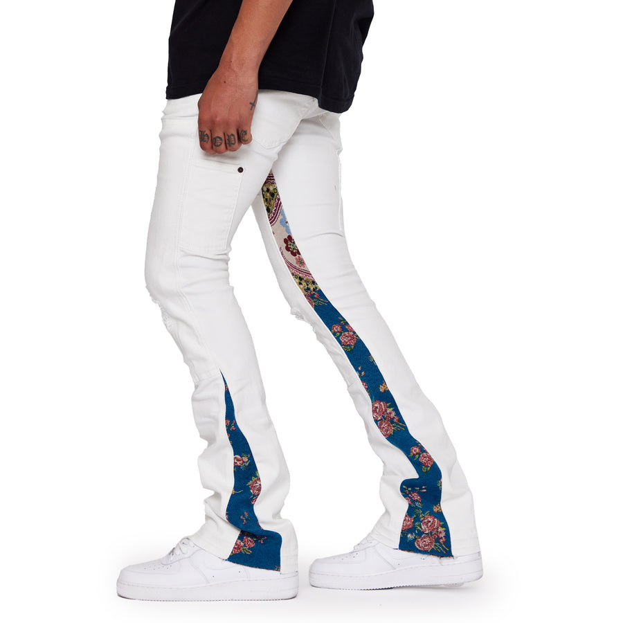ALPHA” WHITE JACQUARD STACKED FLARE JEAN