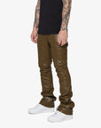"ALPHA 2.0" OLIVE-LEATHER STACKED FLARE JEAN