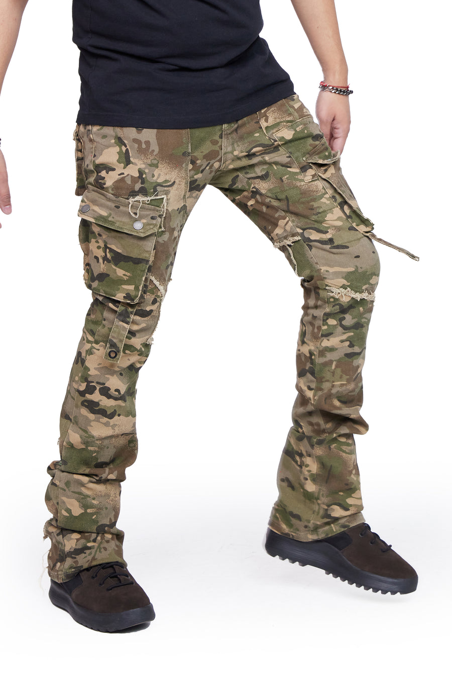 “CANTEEN" CAMO STACKED FLARE JEAN