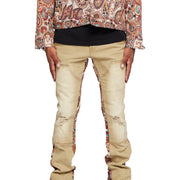 "ALPHA” KHAKI JACQUARD STACKED FLARE JEAN