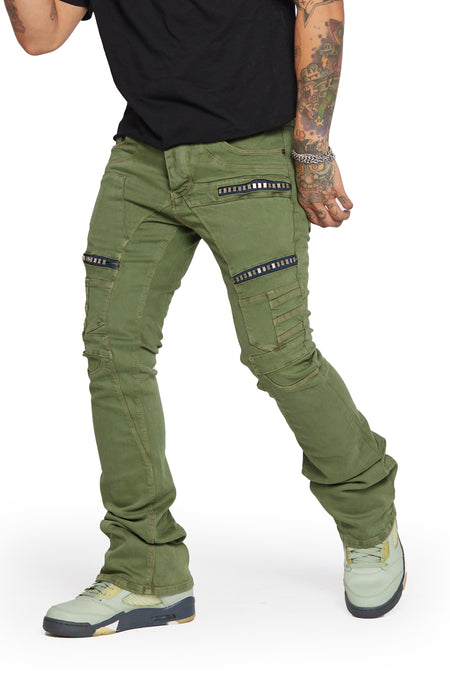 “FOX” OLIVE STACKED FLARE JEAN